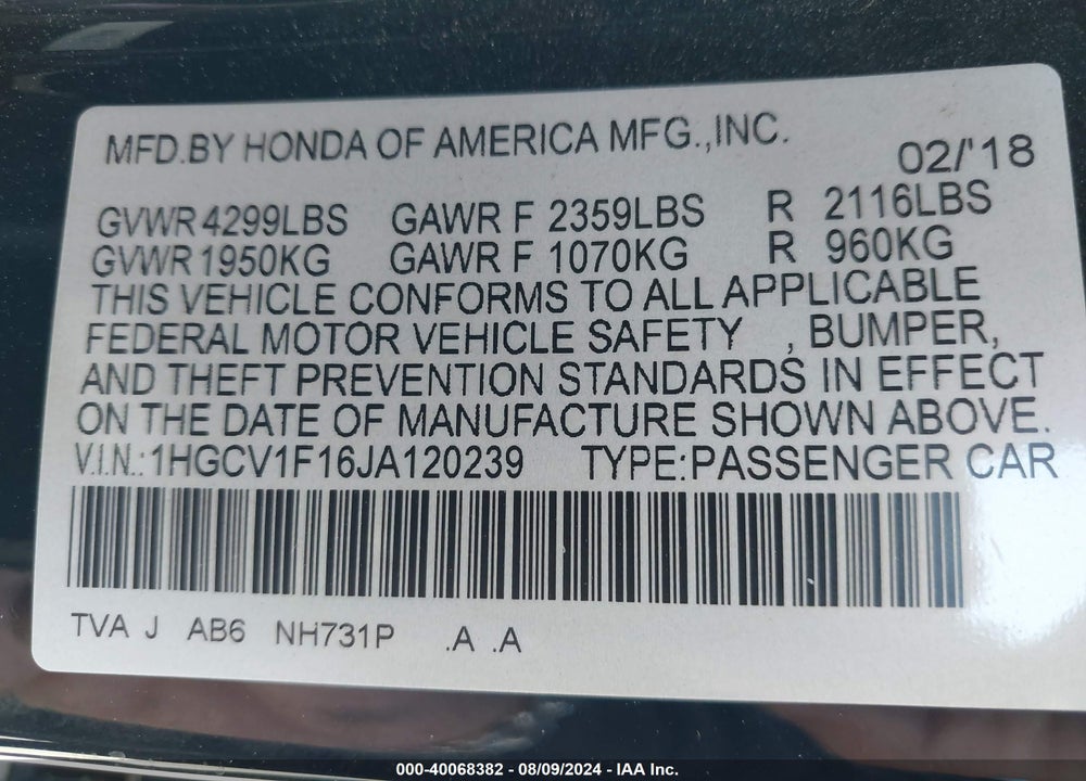 2018 HONDA ACCORD LX VIN: 1HGCV1F16JA120239