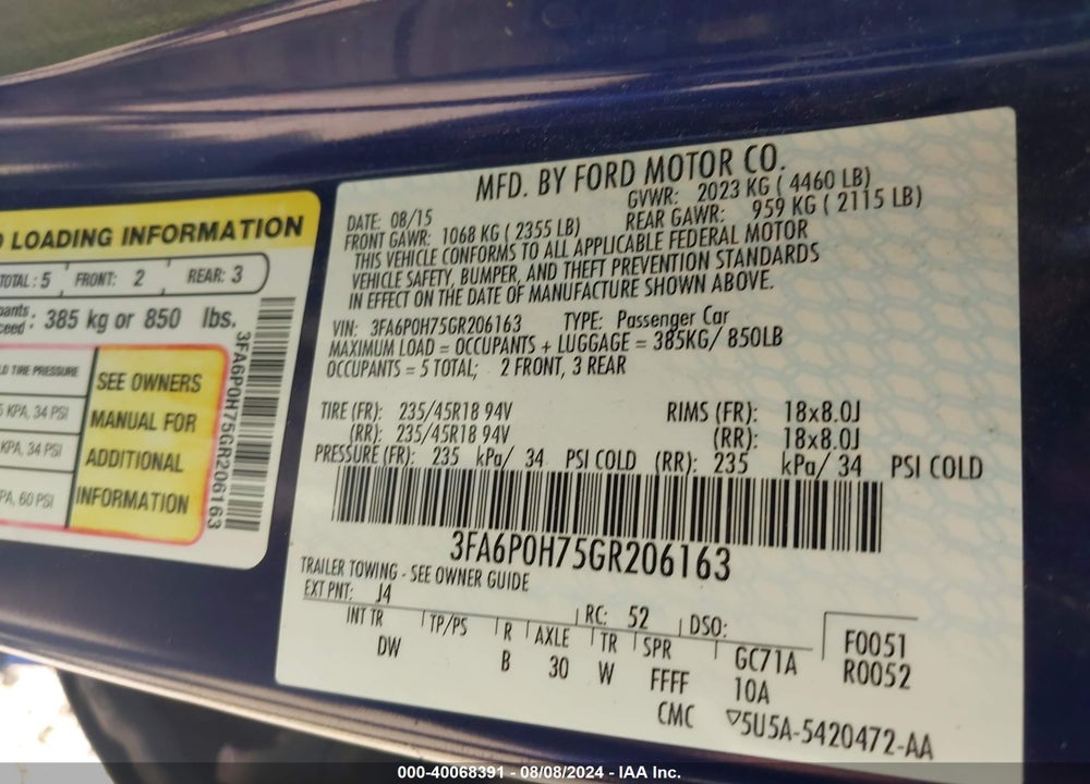 2016 FORD FUSION SE VIN: 3FA6P0H75GR206163