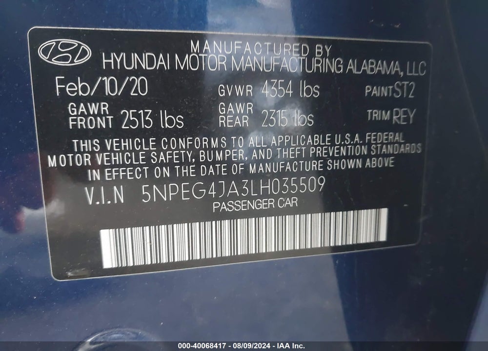 2020 HYUNDAI SONATA SE VIN: 5NPEG4JA3LH035509