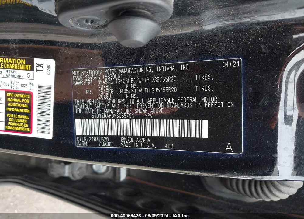 2021 TOYOTA HIGHLANDER LIMITED VIN: 5TDYZRAH0MS065791