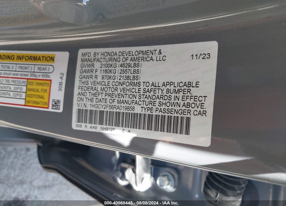2024 HONDA ACCORD HYBRID SPORT VIN: 1HGCY2F56RA019858