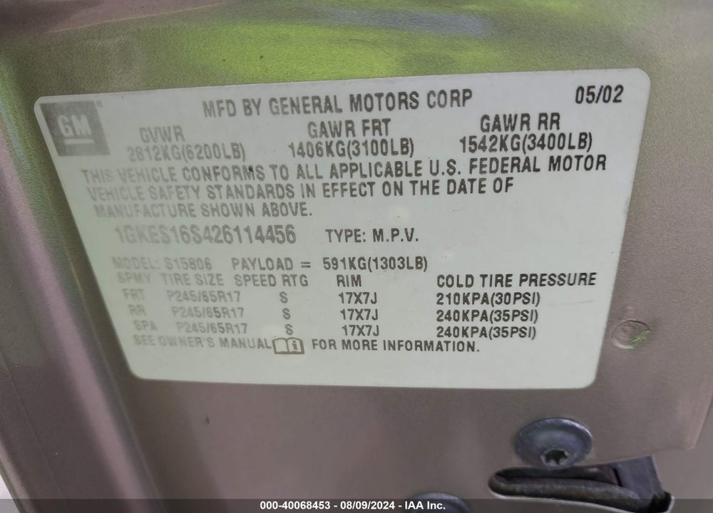 2002 GMC ENVOY XL SLT VIN: 1GKES16S426114456