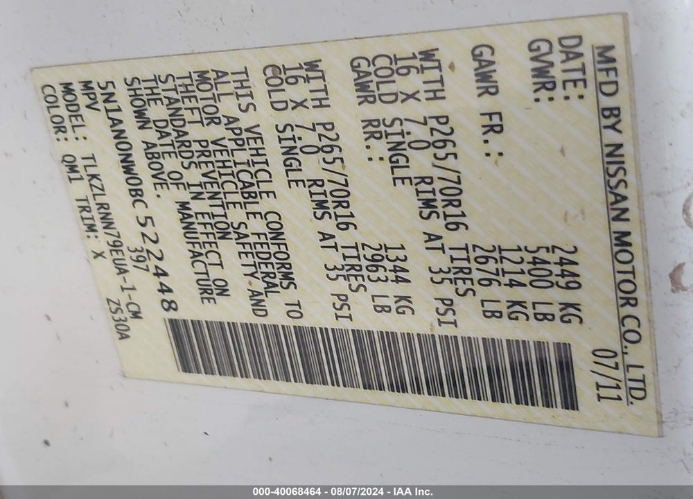 2011 NISSAN XTERRA S VIN: 5N1AN0NW0BC522448