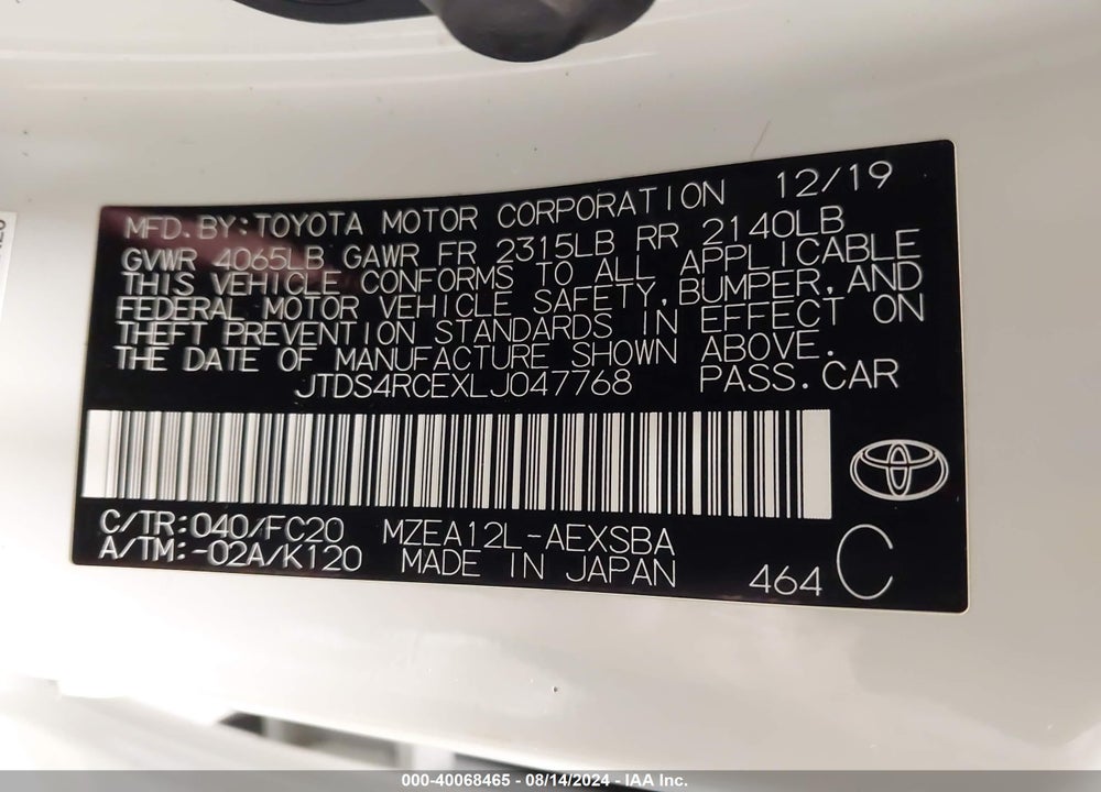 2020 TOYOTA COROLLA SE VIN: JTDS4RCEXLJ047768