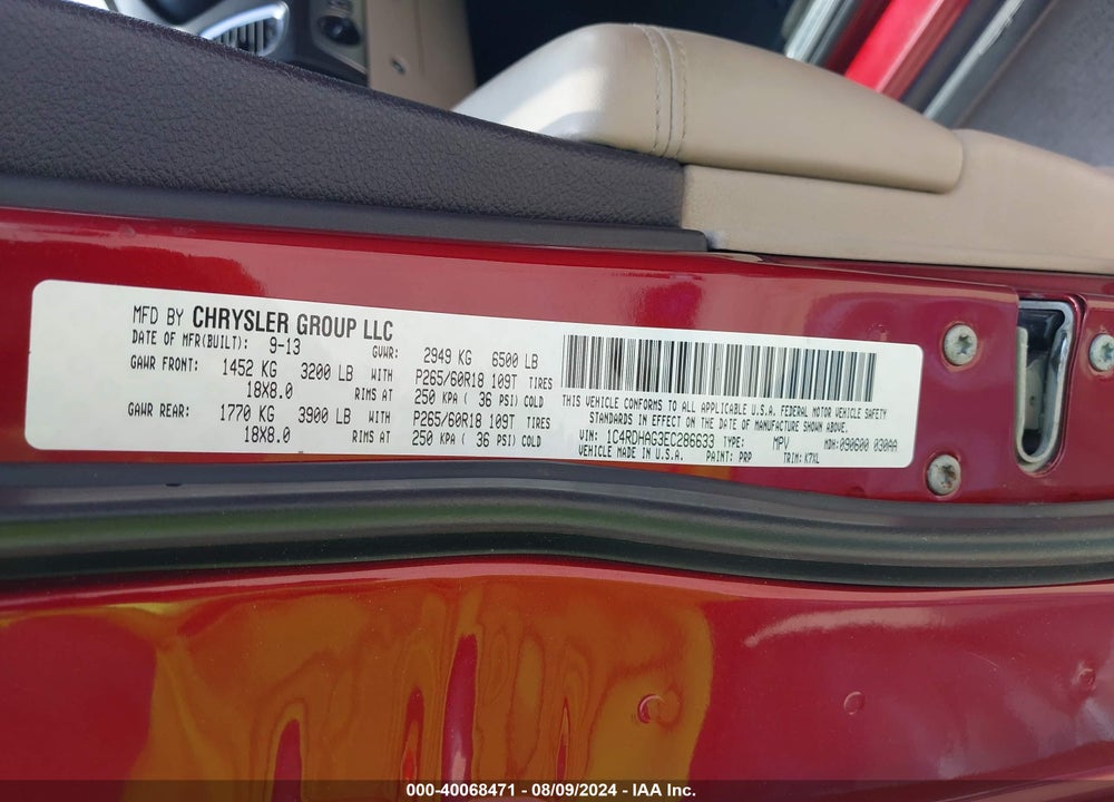 2014 DODGE DURANGO SXT VIN: 1C4RDHAG3EC286633