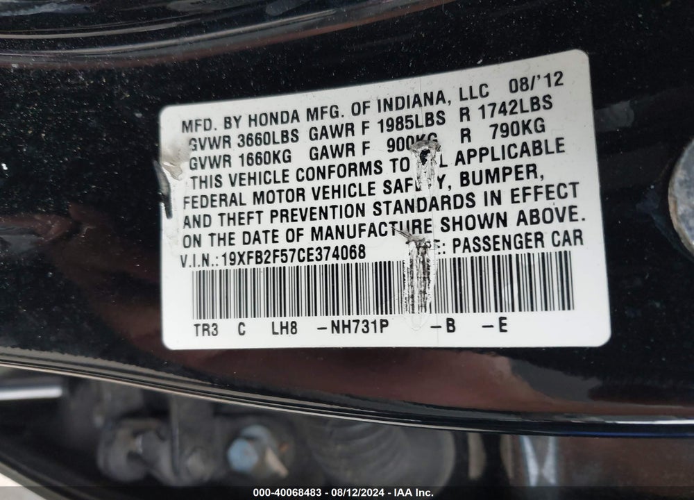 2012 HONDA CIVIC LX VIN: 19XFB2F57CE374068