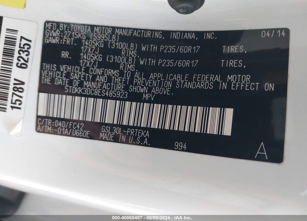 2014 TOYOTA SIENNA LE V6 8 PASSENGER VIN: 5TDKK3DC8ES485923