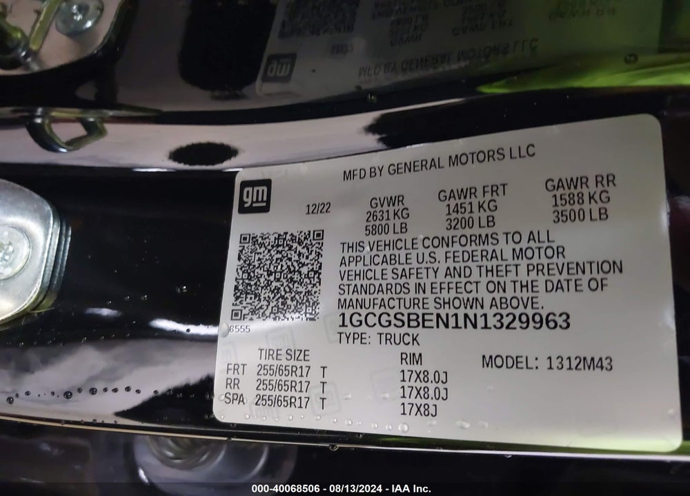 2022 CHEVROLET COLORADO 2WD SHORT BOX WT VIN: 1GCGSBEN1N1329963