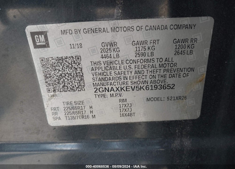2019 CHEVROLET EQUINOX LT VIN: 2GNAXKEV5K6193652