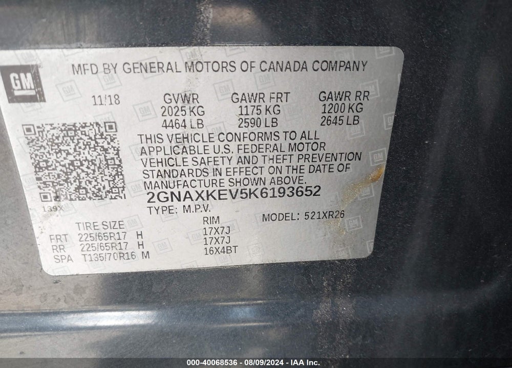 2019 CHEVROLET EQUINOX LT VIN: 2GNAXKEV5K6193652