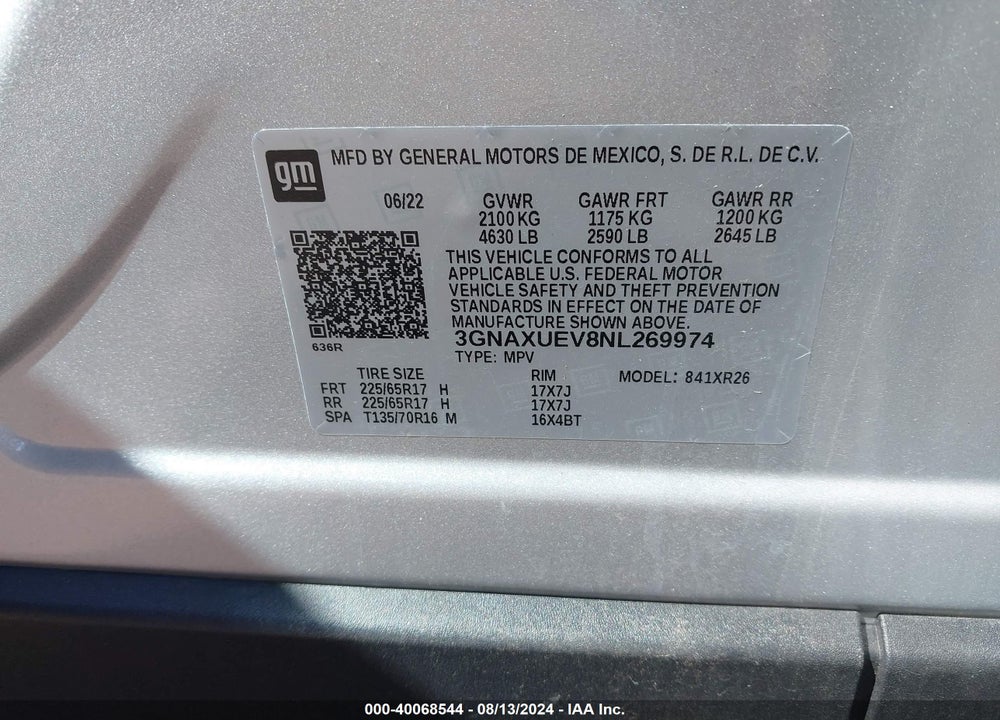 2022 CHEVROLET EQUINOX AWD LT VIN: 3GNAXUEV8NL269974
