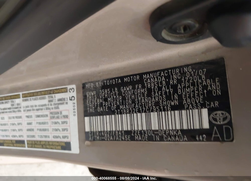 2007 TOYOTA COROLLA LE VIN: 2T1BR32E17C795116