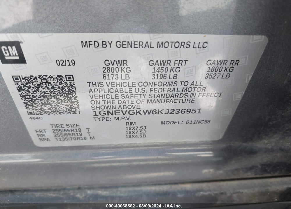 2019 CHEVROLET TRAVERSE 1LT VIN: 1GNEVGKW6KJ236951