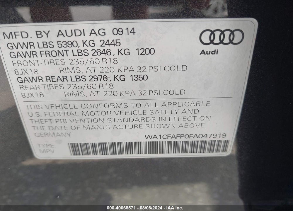 2015 AUDI Q5 2.0T PREMIUM VIN: WA1CFAFP0FA047919