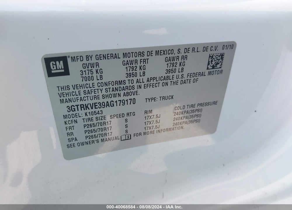 2010 GMC SIERRA 1500 SLE VIN: 3GTRKVE39AG179170
