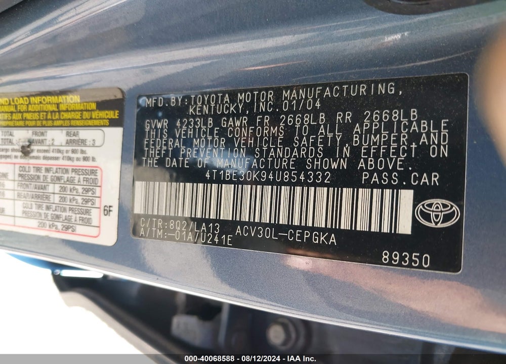 2004 TOYOTA CAMRY XLE VIN: 4T1BE30K94U854332