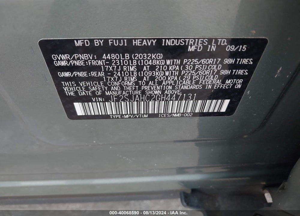 2016 SUBARU FORESTER VIN: JF2SJAHC2GH447131