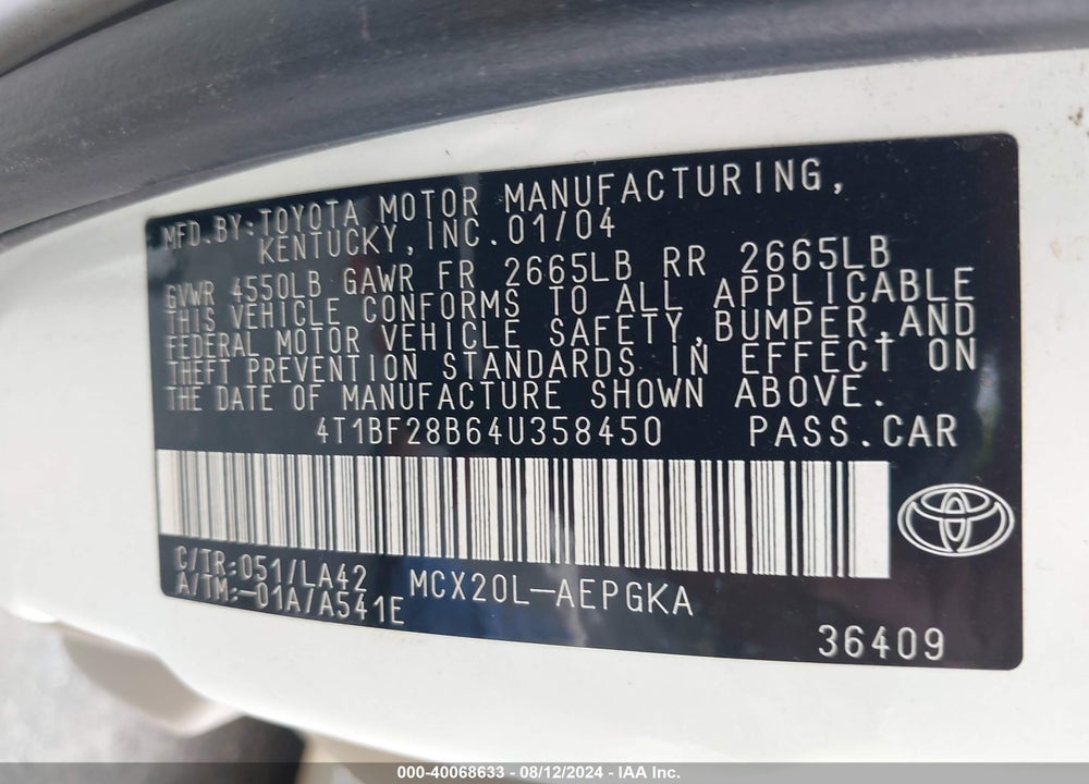 2004 TOYOTA AVALON XLS VIN: 4T1BF28B64U358450