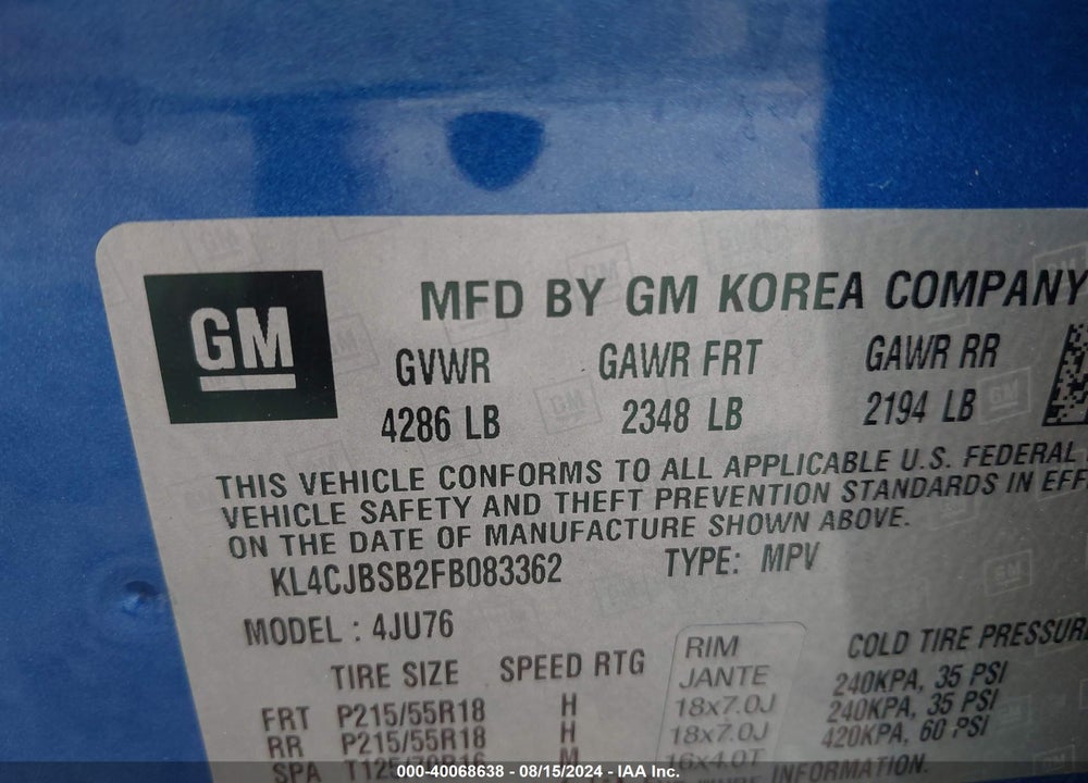 2015 BUICK ENCORE CONVENIENCE VIN: KL4CJBSB2FB083362