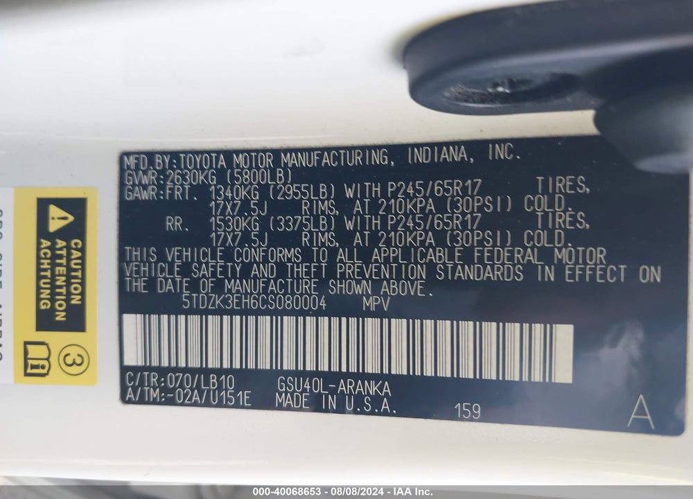 2012 TOYOTA HIGHLANDER SE V6 VIN: 5TDZK3EH6CS080004