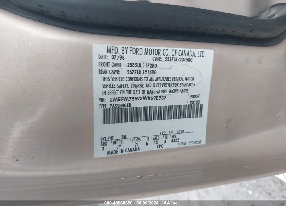 1998 MERCURY GRAND MARQUIS VIN: 2MEFM75WXWX698937