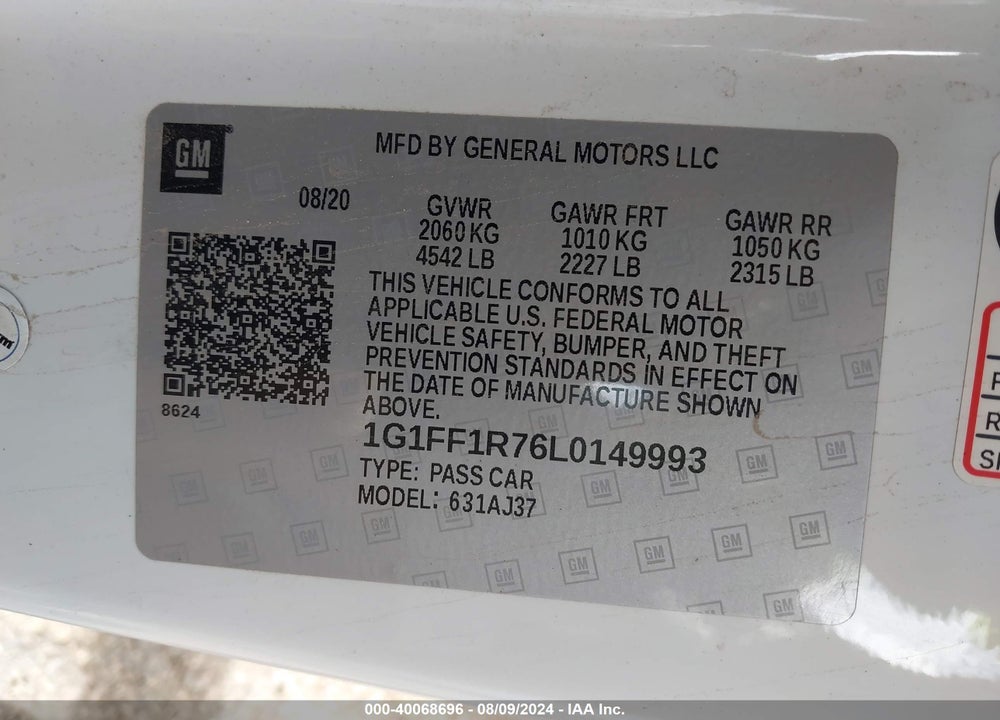 2020 CHEVROLET CAMARO RWD 1SS VIN: 1G1FF1R76L0149993