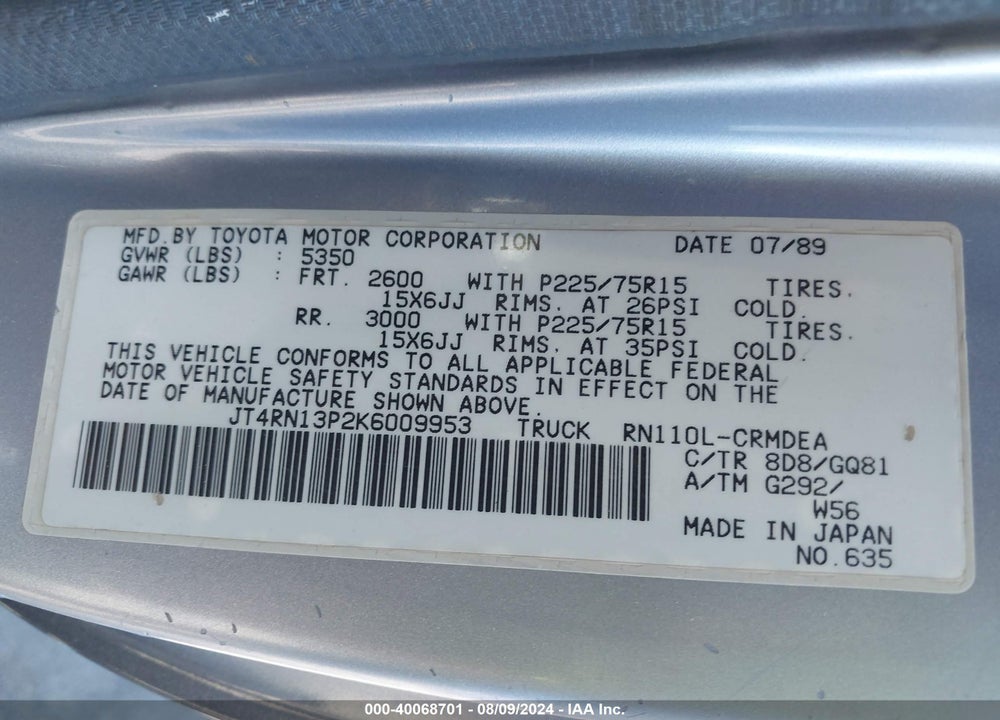 1989 TOYOTA PICKUP 1/2 TON EX LNG WHLBSE DLX VIN: JT4RN13P2K6009953