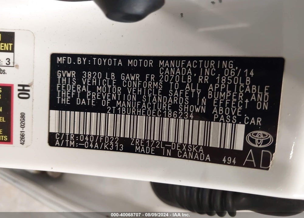 2014 TOYOTA COROLLA S PLUS VIN: 2T1BURHE0EC186234