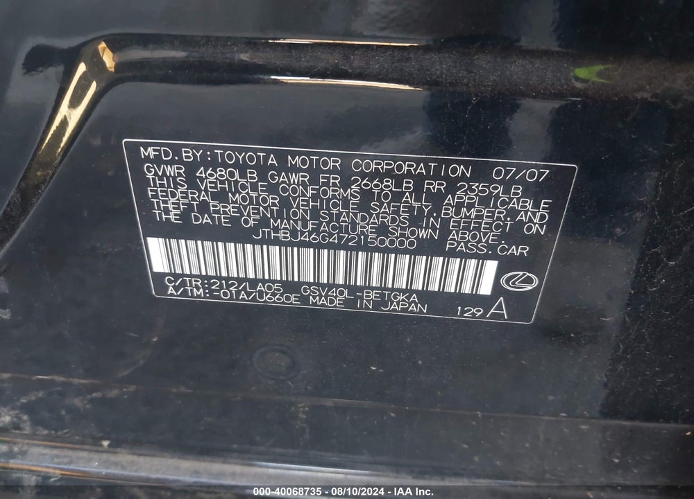 2007 LEXUS ES 350 VIN: JTHBJ46G472150000