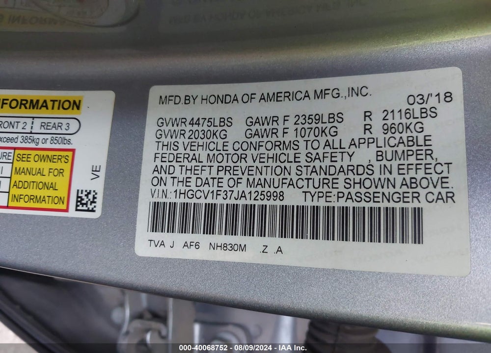 2018 HONDA ACCORD SPORT VIN: 1HGCV1F37JA125998