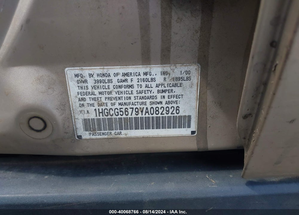 2000 HONDA ACCORD VIN: 1HGCG5679YA082926
