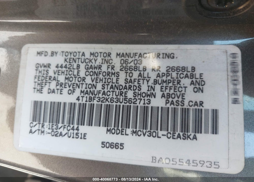 2003 TOYOTA CAMRY SE V6 VIN: 4T1BF32K63U562713