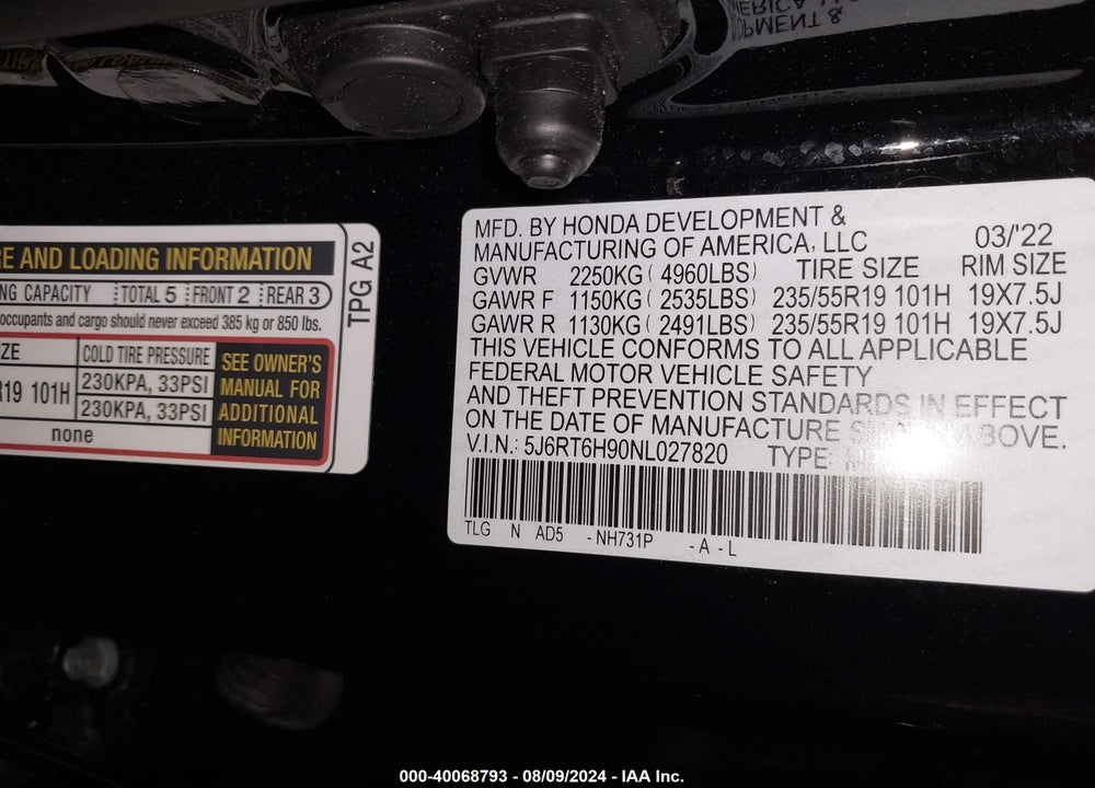 2022 HONDA CR-V HYBRID TOURING VIN: 5J6RT6H90NL027820