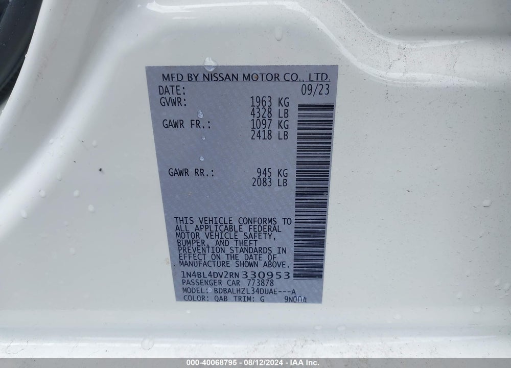 2024 NISSAN ALTIMA SV FWD VIN: 1N4BL4DV2RN330953
