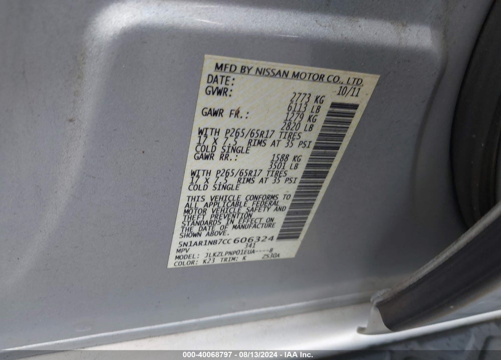 2012 NISSAN PATHFINDER SILVER VIN: 5N1AR1NB7CC606324
