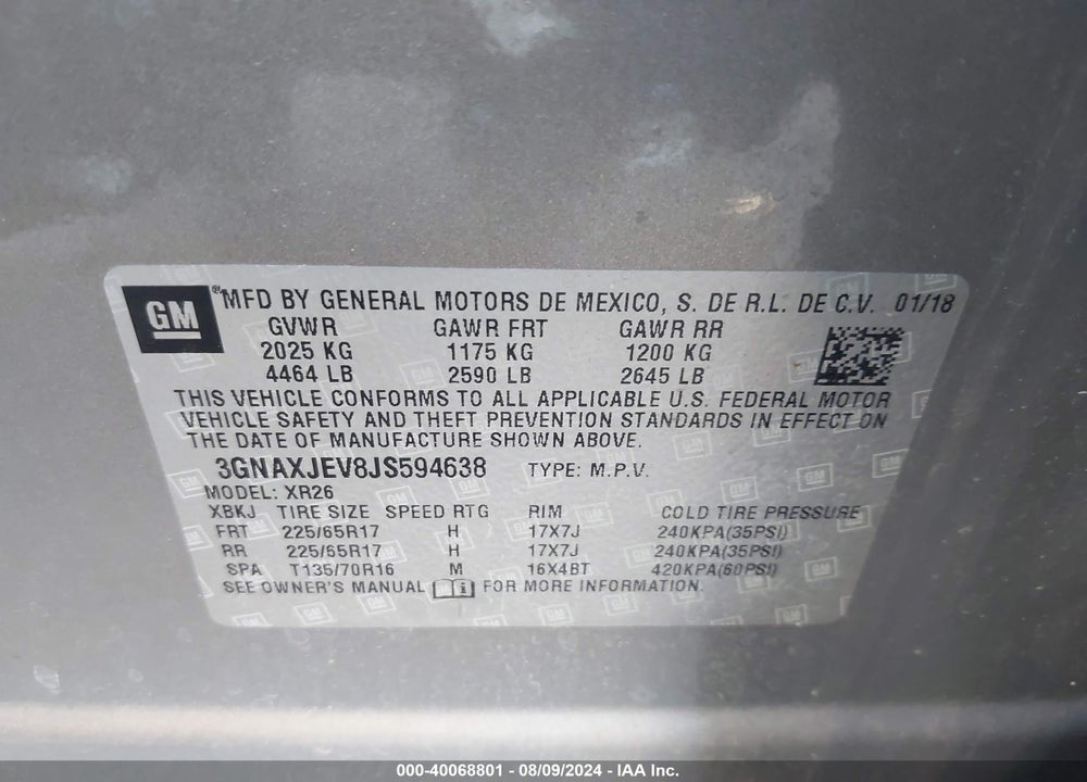 2018 CHEVROLET EQUINOX LT VIN: 3GNAXJEV8JS594638