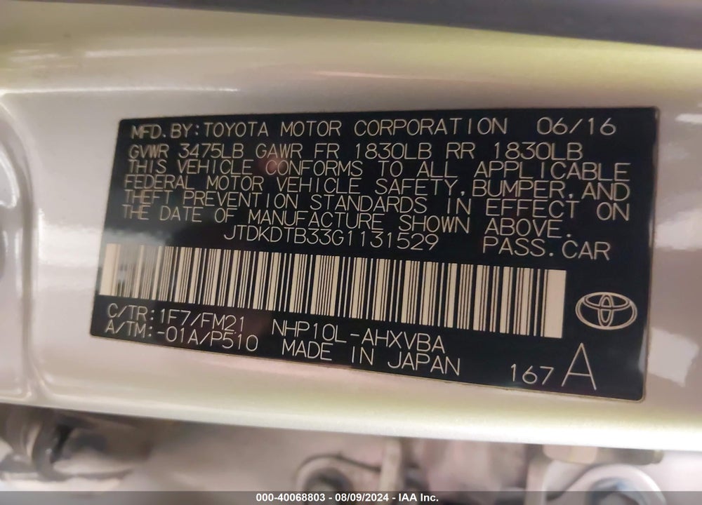 2016 TOYOTA PRIUS C TWO VIN: JTDKDTB33G1131529