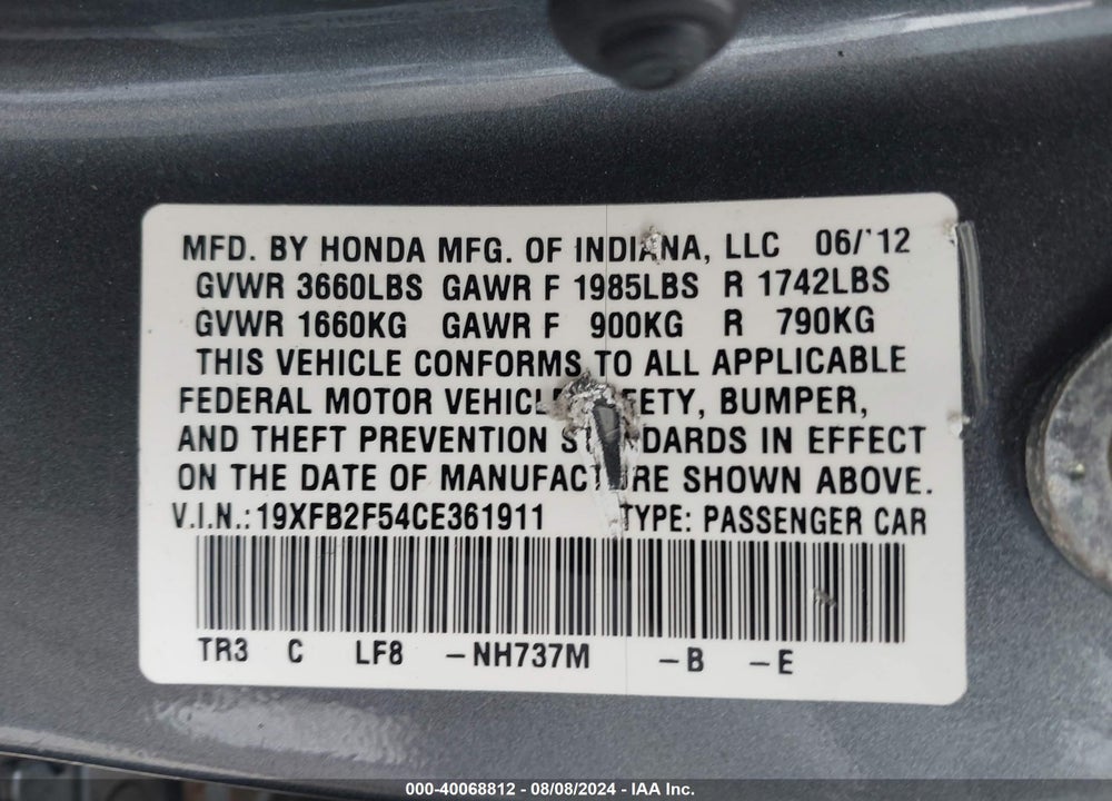 2012 HONDA CIVIC LX VIN: 19XFB2F54CE361911