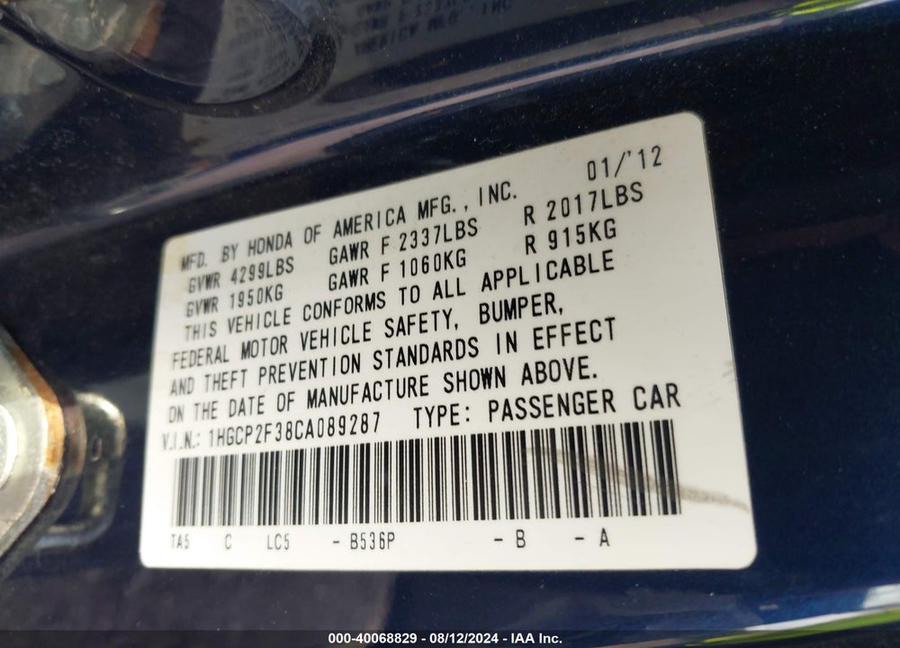 2012 HONDA ACCORD 2.4 LX VIN: 1HGCP2F38CA089287