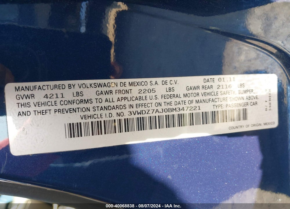 2011 VOLKSWAGEN JETTA 2.5L SE VIN: 3VWDZ7AJ0BM347221