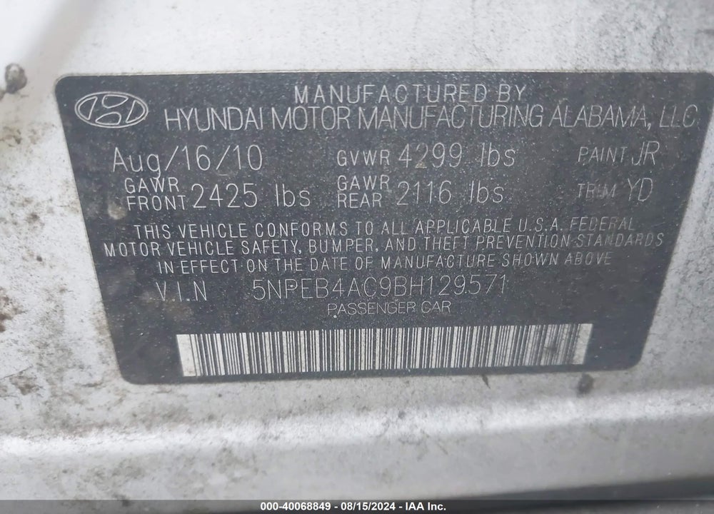 2011 HYUNDAI SONATA GLS VIN: 5NPEB4AC9BH129571
