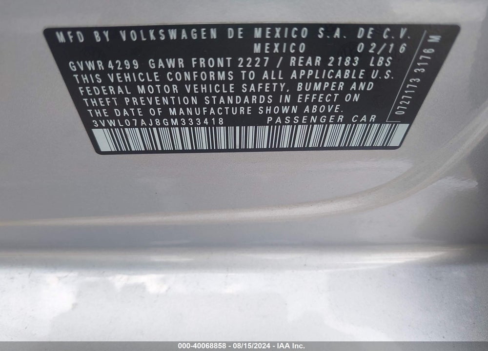 2016 VOLKSWAGEN JETTA 1.8T SEL VIN: 3VWL07AJ8GM333418