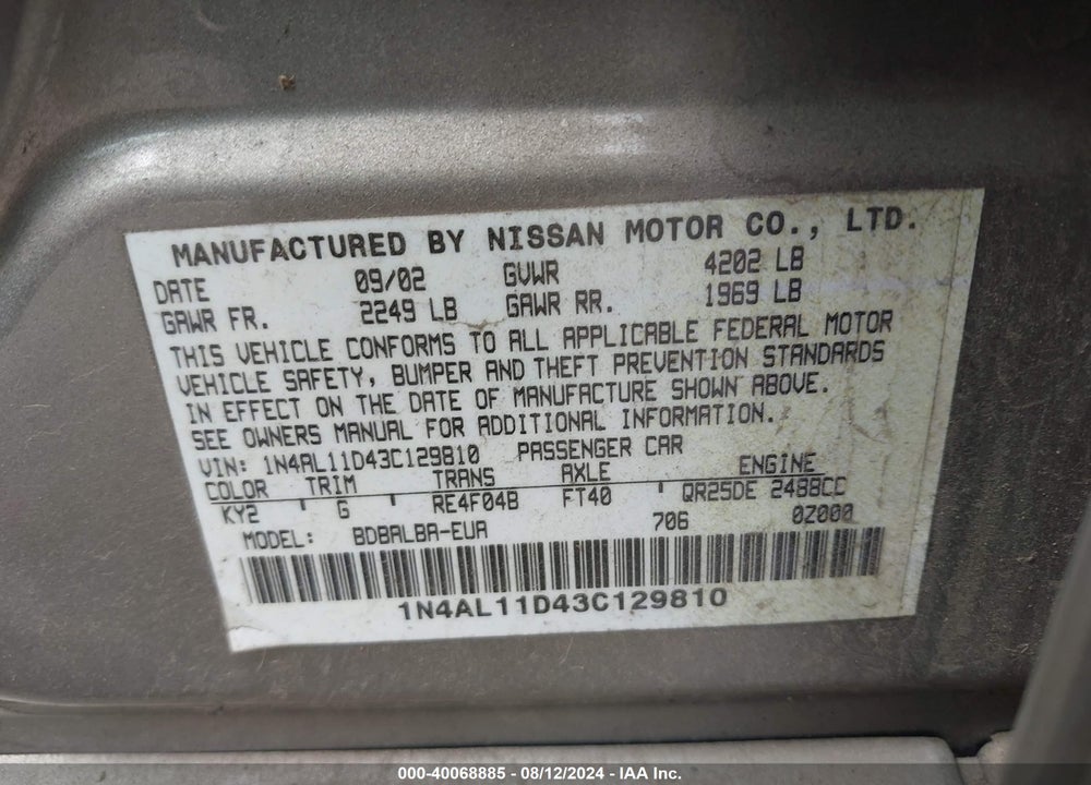 2003 NISSAN ALTIMA VIN: 1N4AL11D43C129810