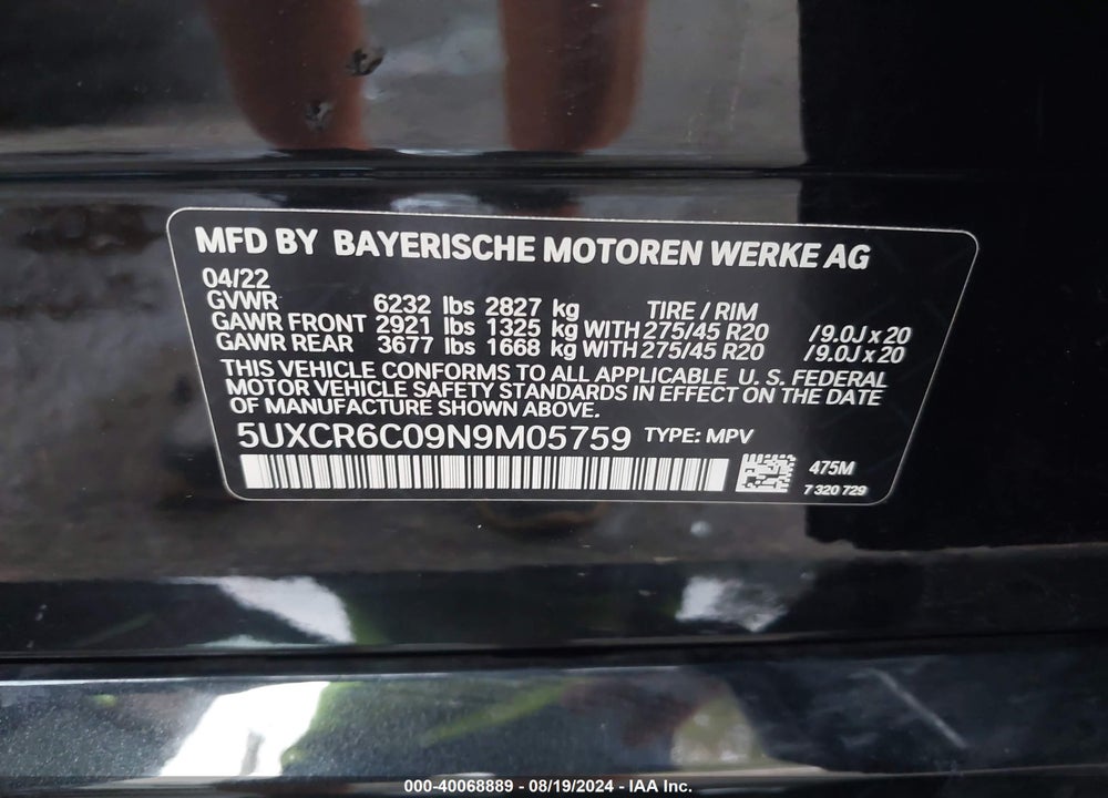 2022 BMW X5 XDRIVE40I VIN: 5UXCR6C09N9M05759