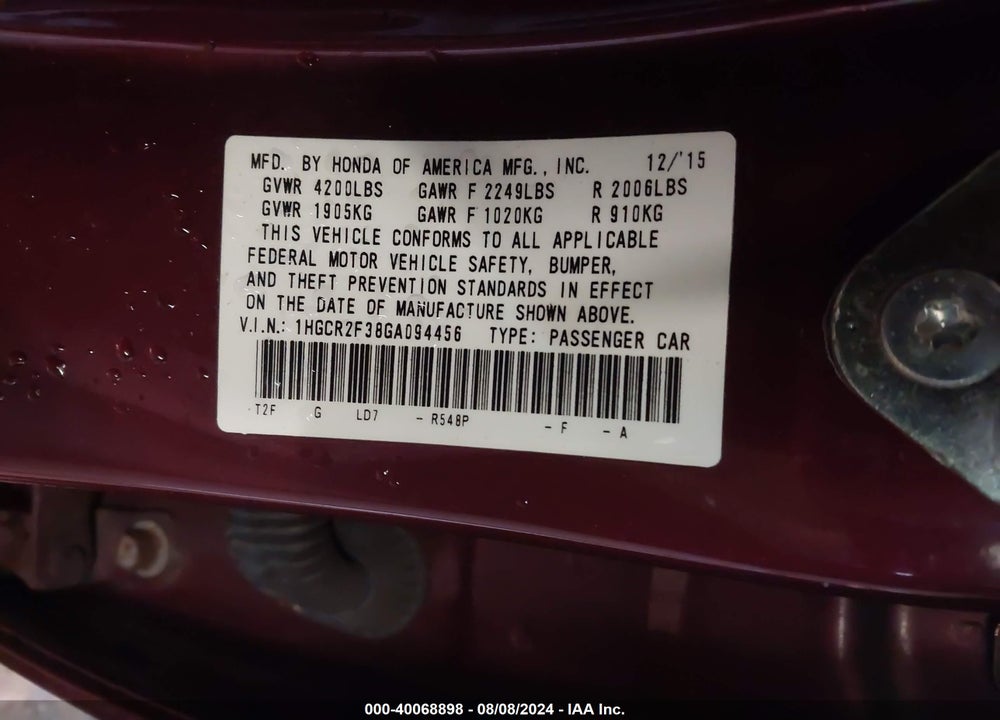 2016 HONDA ACCORD LX VIN: 1HGCR2F38GA094456