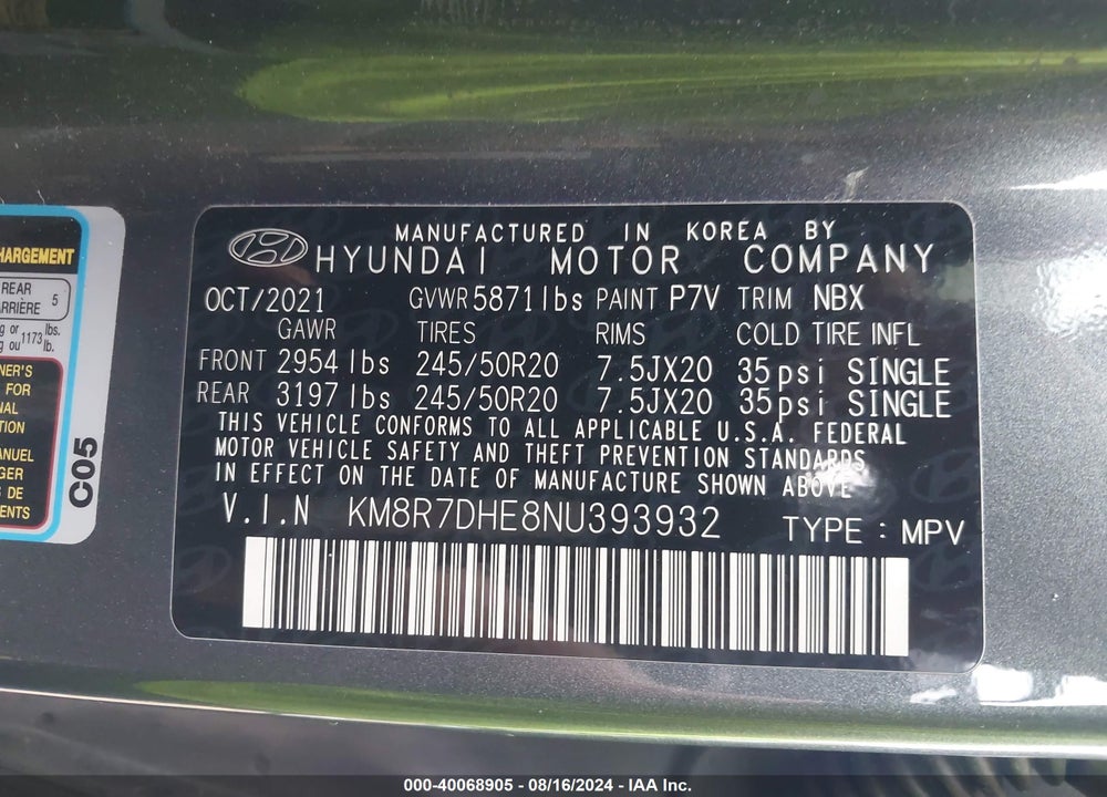 2022 HYUNDAI PALISADE VIN: KM8R7DHE8NU393932