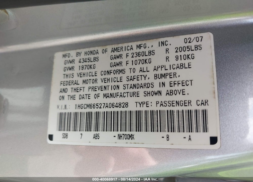 2007 HONDA ACCORD VIN: 1HGCM66527A064828