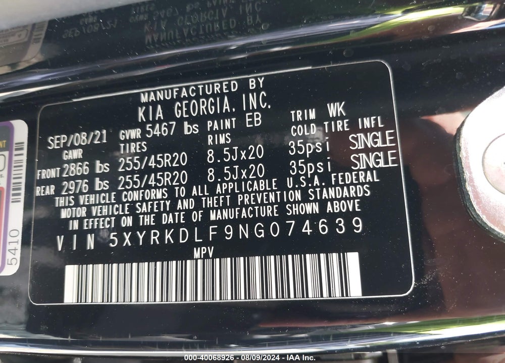 2022 KIA SORENTO SX VIN: 5XYRKDLF9NG074639