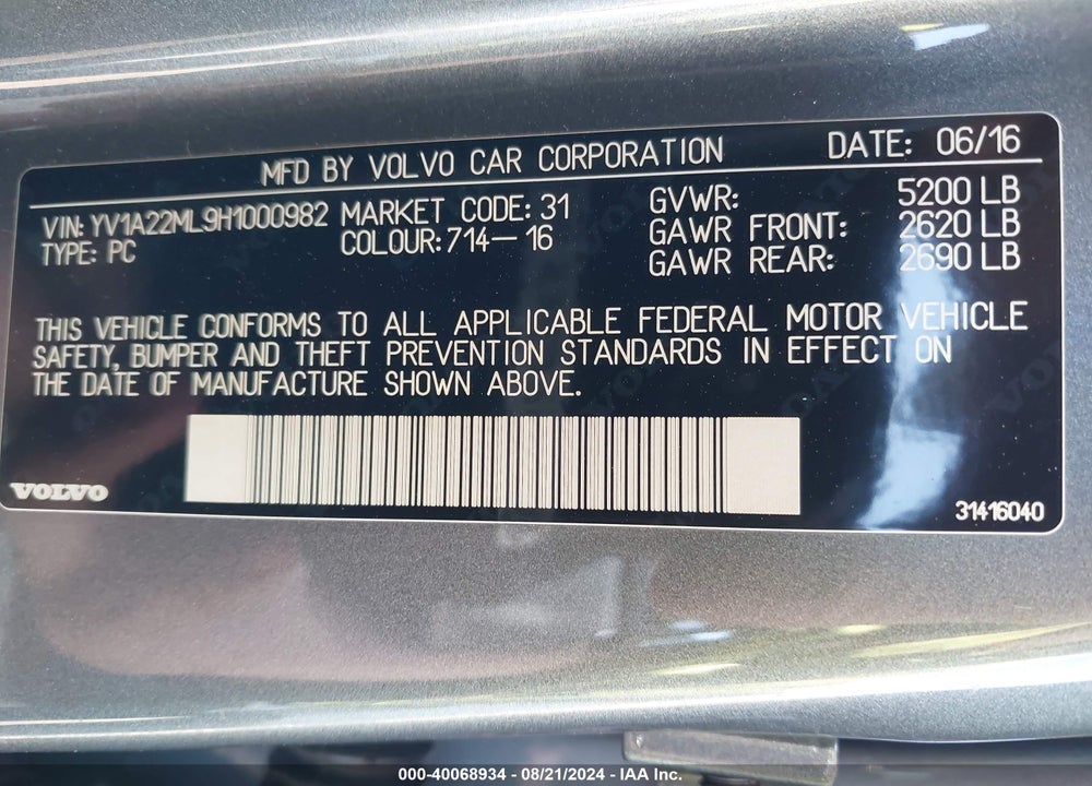 2017 VOLVO S90 T6 INSCRIPTION VIN: YV1A22ML9H1000982