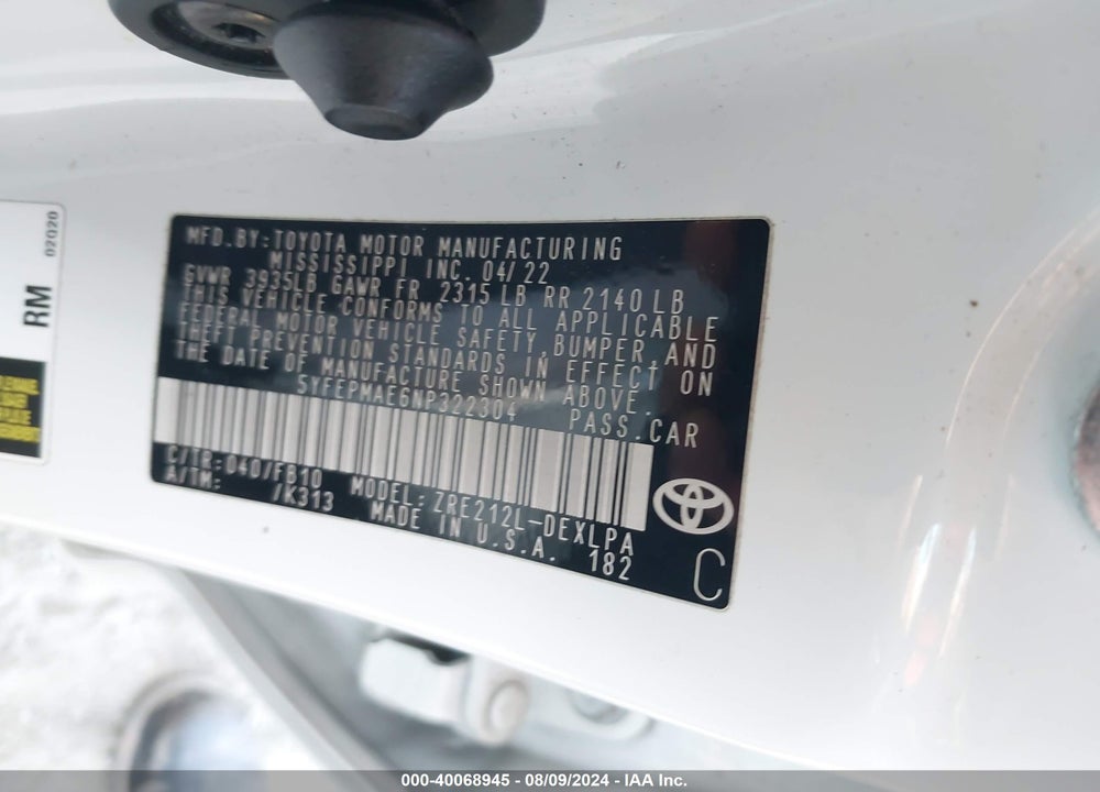 2022 TOYOTA COROLLA LE VIN: 5YFEPMAE6NP322304